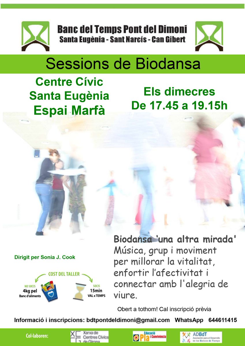 Dimecres, 15. De 17.45 a 19.15h
Places disponibles
Informació i inscripcions:
bdtpontdeldimoni@gmail.com
WhatsApp 644611415