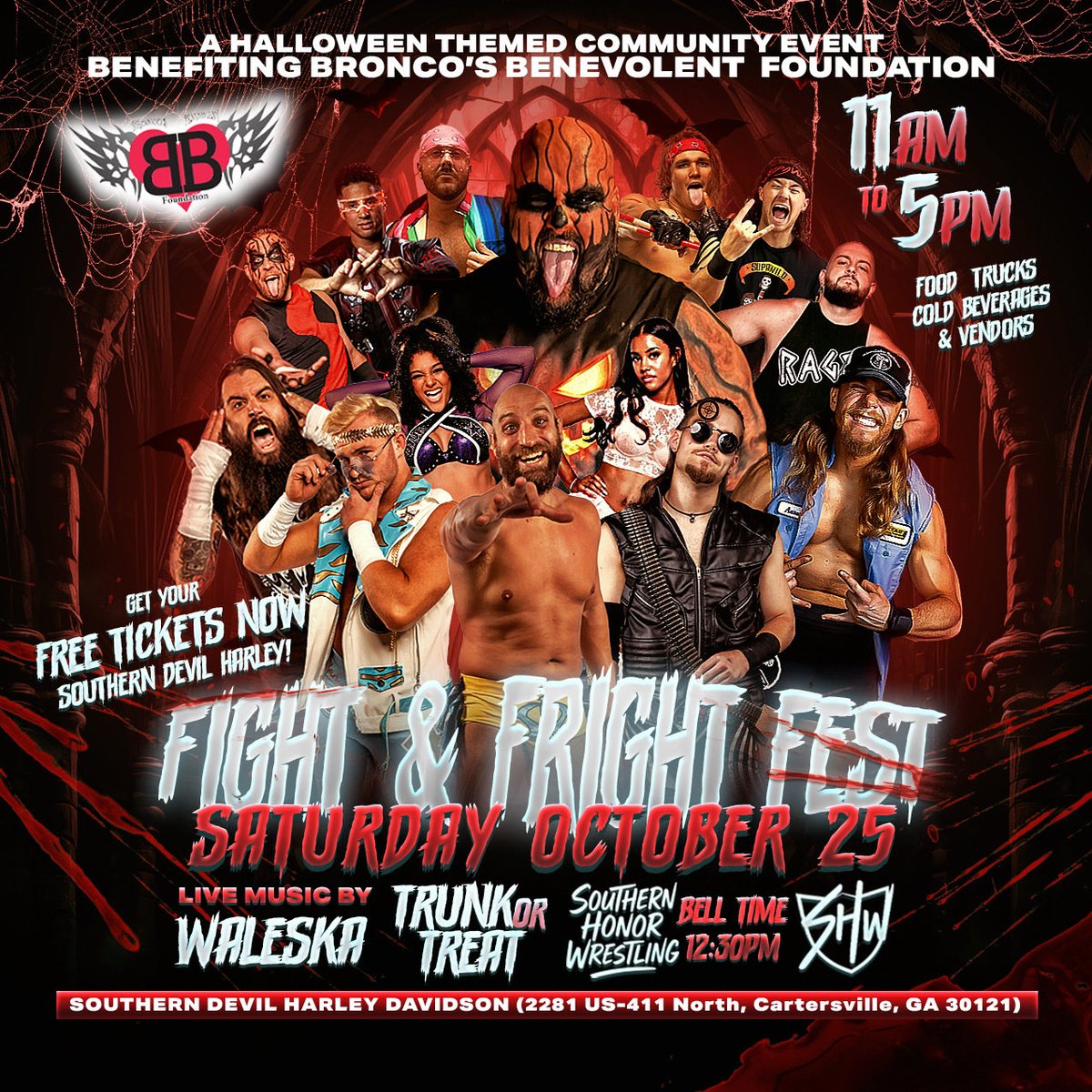 We’re taking Halloween to the next level at Fight &amp; Fright Fest! 🎃 On Saturday, October 25th from 11am – 5pm, we’re teaming up with Southern Devil Harley-Davidson for a day packed with wrestling, music, food, and family fun! SHW matches kick off at 12:30pm and it’s FREE! 👊💀
