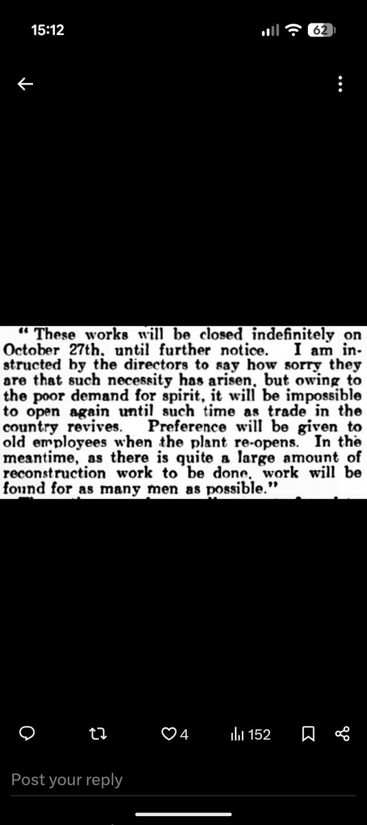 #OnThisDay
13th October 1922
The following notice was posted within the Bo'ness Distillery by its Manager, Mr. Percy Cowell.
It would never produce whisky again. 180 jobs were lost, the maltings continued on for a time, and the warehousing used by D.C.L for storage
#WhiskyHistory