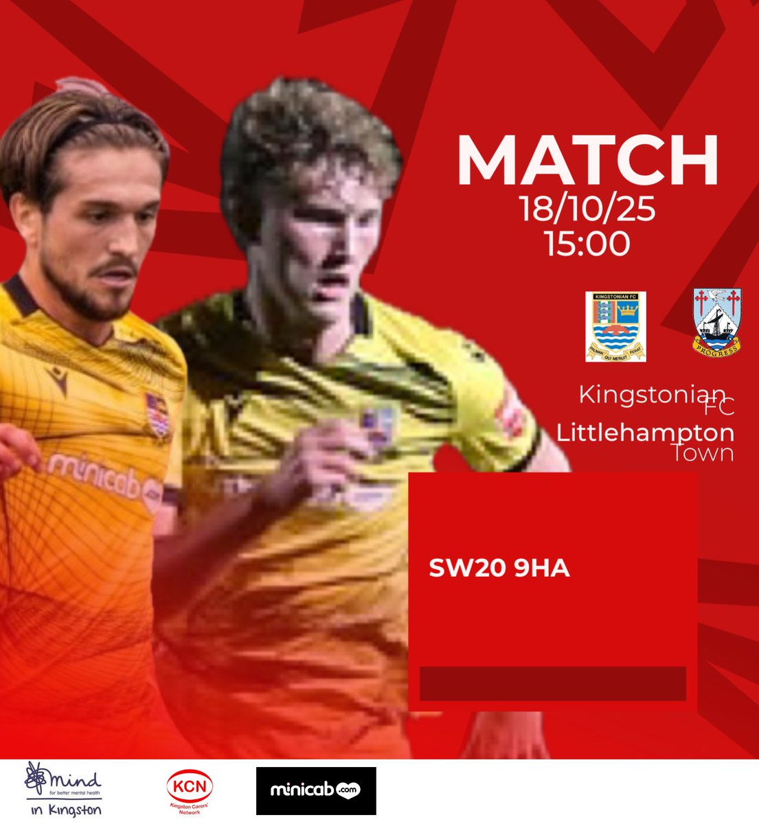 🔜 Next Game.

🆚Littlehampton Town
🗓️Sat October 18th
⏱️15:00 Kick Off
🏟️ St George’s playing fields/ SW20 9HA
🎟️£10| Conc.£6 *Students £4| U16 FREE

* production of student card.