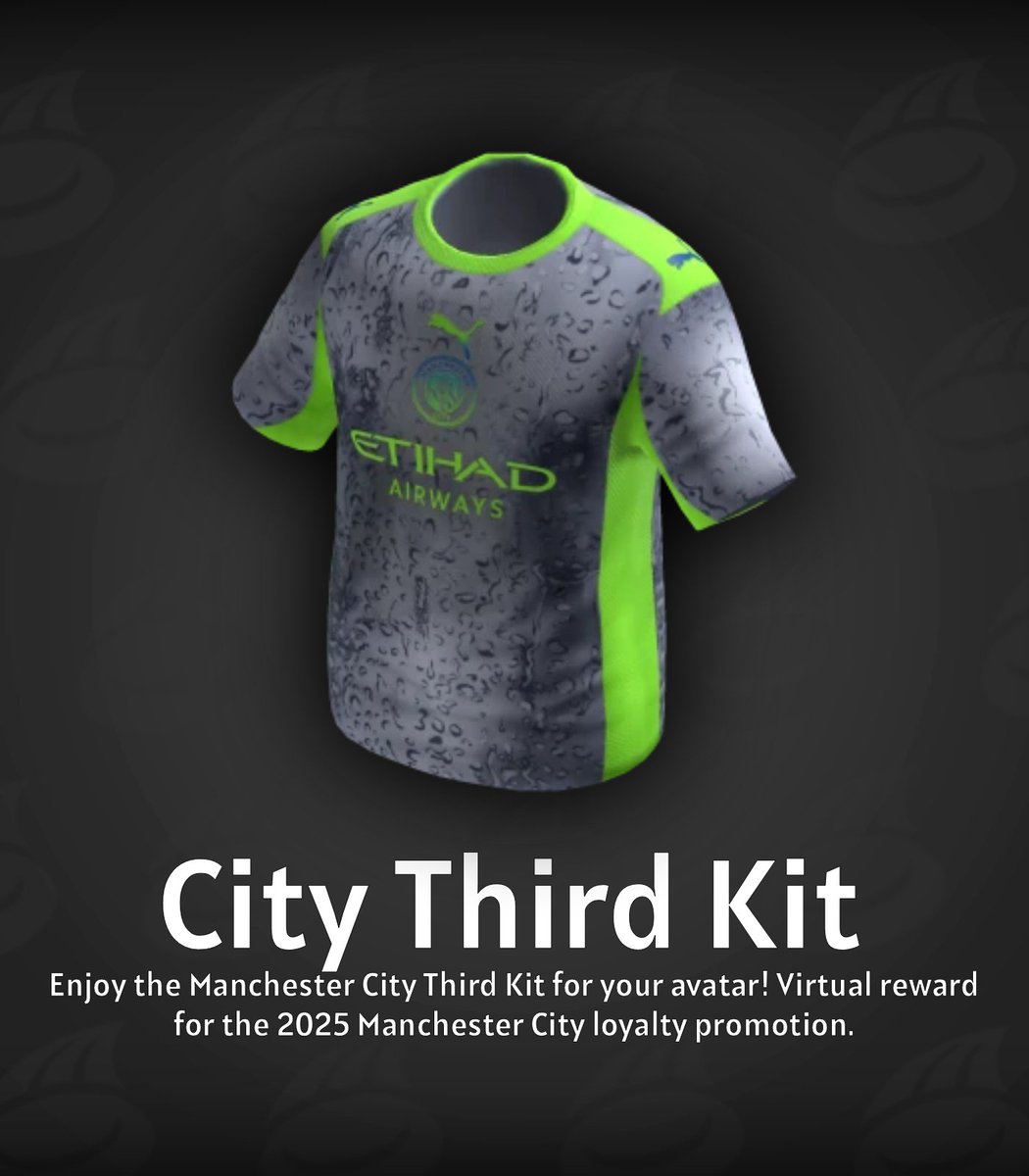 LeaksEvents's tweet image. ⚽️ | 2025 Manchester City
Faça login ou crie uma conta no site de @ManCity para receber um código da roupa "City Third Kit" para resgatar em roblox.com/redeem.
⚠️ Existem apenas 5000 códigos, então seja rápido.
Website:mancity.com/feed/widget/b9…
Tutorial:…