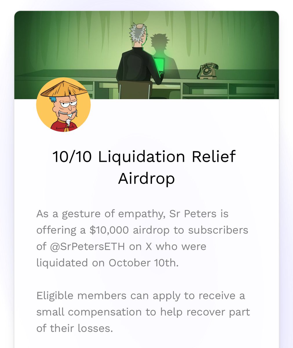 SrPetersETH's tweet image. As I mentioned, I’ve allocated $10,000 of my own funds to support members of this community who were liquidated or suffered major losses during the 10/10 shakeout.
Priority will first go to subscribers who were affected.
If you’re a subscriber and genuinely need the help, fill…