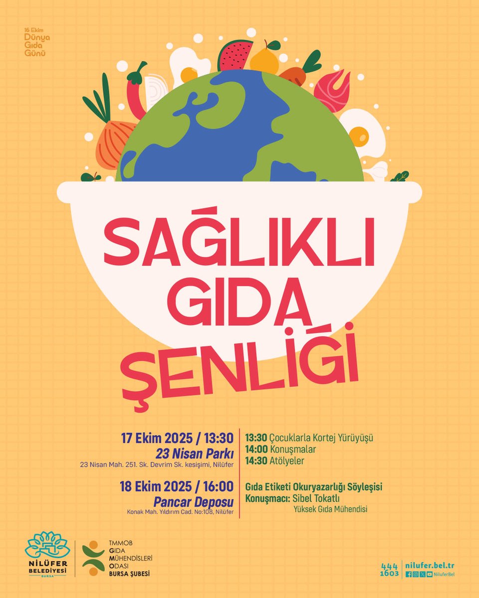 Güvenli gıda, sağlıklı nesiller!
TMMOB Gıda Mühendisleri Odası Bursa Şubesiyle birlikte düzenlediğimiz Sağlıklı Gıda Şenliği’nde yürüyüşlerden atölyelere, söyleşilerden çocuk etkinliklerine kadar dopdolu bir program sizi bekliyor. 
📍 17 Ekim Cuma / 13.30 – 23 Nisan Parkı
📍 18