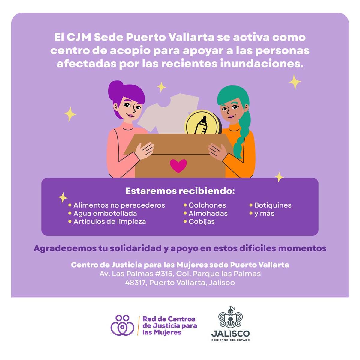 ¡Puerto Vallarta nos necesita! 💜

El #CJMPuertoVallarta es punto de acopio para apoyar a las personas afectadas por las #inundaciones.

📍 Lleva tus donativos a:
Av. Las Palmas #315, Puerto Vallarta, Jalisco.

¡Cada ayuda cuenta! 🙏 Gracias por tu solidaridad. 💜