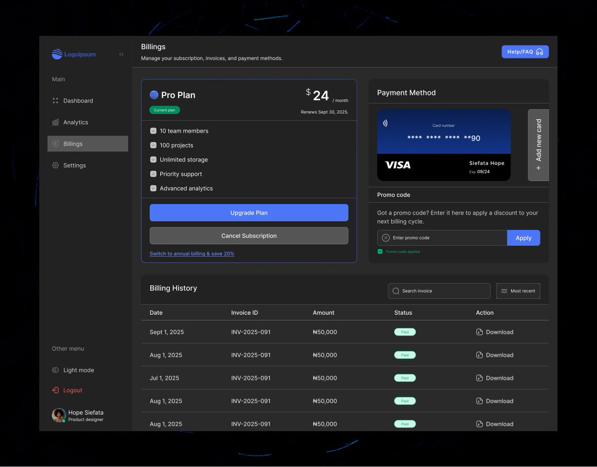 La_Esperer's tweet image. Dark theme version of the billing page for my upcoming SaaS dashboard kit.
Also open to new design opportunities 
#UIDesign #SaaSDesign #DarkMode #DashboardUI #Design