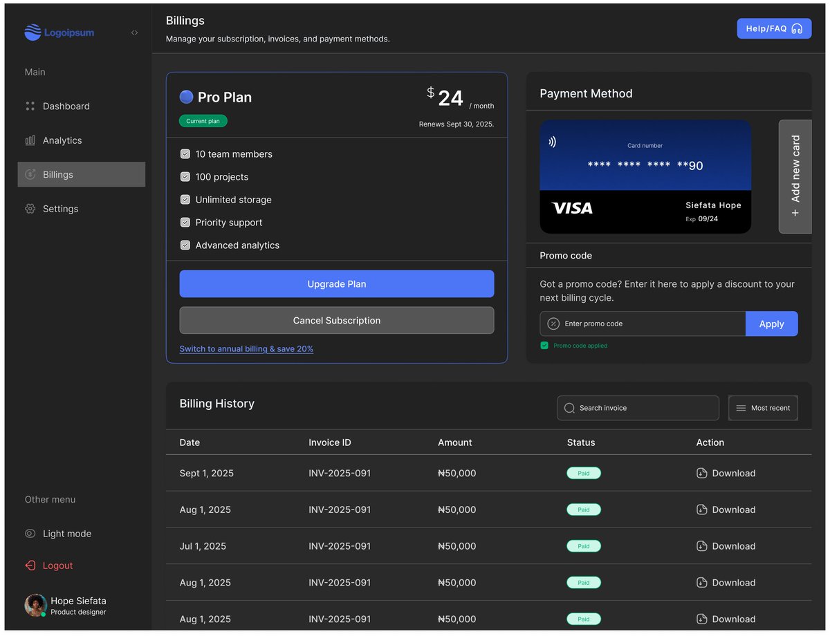 La_Esperer's tweet image. Dark theme version of the billing page for my upcoming SaaS dashboard kit.
Also open to new design opportunities 
#UIDesign #SaaSDesign #DarkMode #DashboardUI #Design