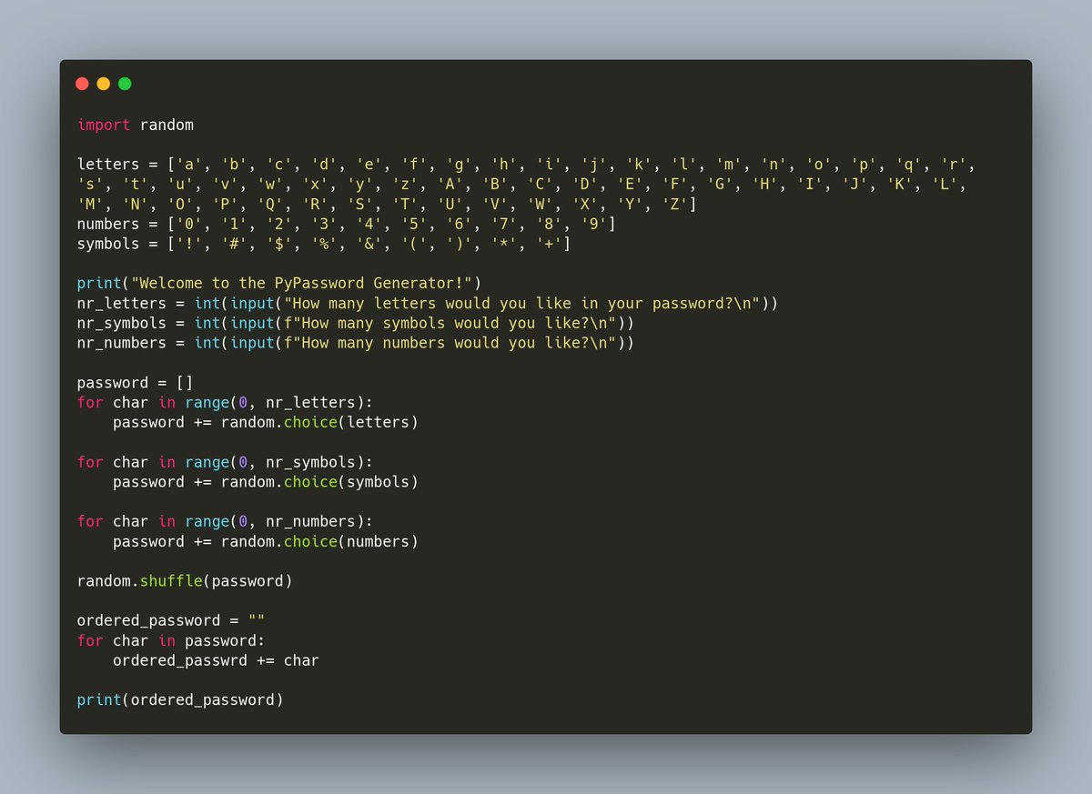 muyiwa_dev's tweet image. Day5: 100 Days of Code: The complete Python Pro Bootcamp by Angela Yu.
Project: Password Generator
first slide - Python
second slide - Golang
third - TypeScript
P.S: Writing Python is easy but Go gives me more control. I think I just like static-Typed languages more.