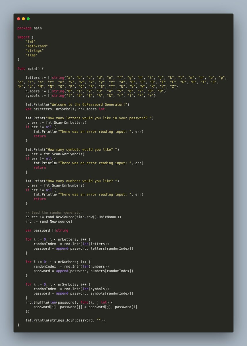 muyiwa_dev's tweet image. Day5: 100 Days of Code: The complete Python Pro Bootcamp by Angela Yu.
Project: Password Generator
first slide - Python
second slide - Golang
third - TypeScript
P.S: Writing Python is easy but Go gives me more control. I think I just like static-Typed languages more.