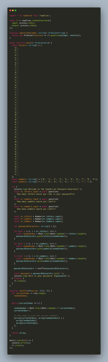 muyiwa_dev's tweet image. Day5: 100 Days of Code: The complete Python Pro Bootcamp by Angela Yu.
Project: Password Generator
first slide - Python
second slide - Golang
third - TypeScript
P.S: Writing Python is easy but Go gives me more control. I think I just like static-Typed languages more.