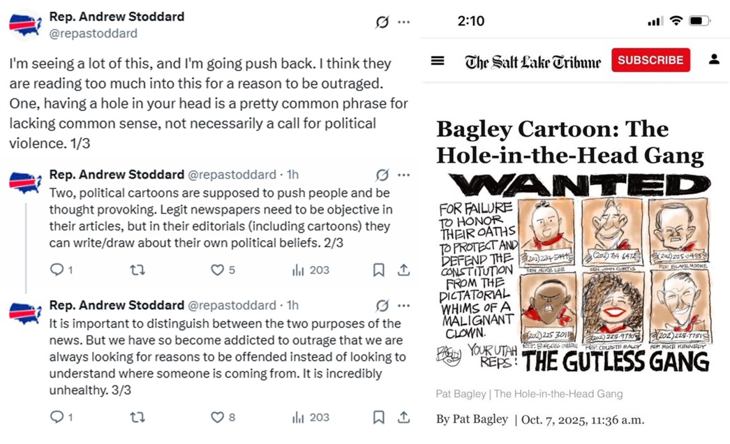 libsoftiktok's tweet image. UNREAL
Utah State Rep. Andrew Stoddard (D) is JUSTIFYING a disturbing Salt Lake Tribune cartoon which showed multiple Republican Legislators as targets for a "Hole-in-the-Head" gang.
Democrats love violence and death