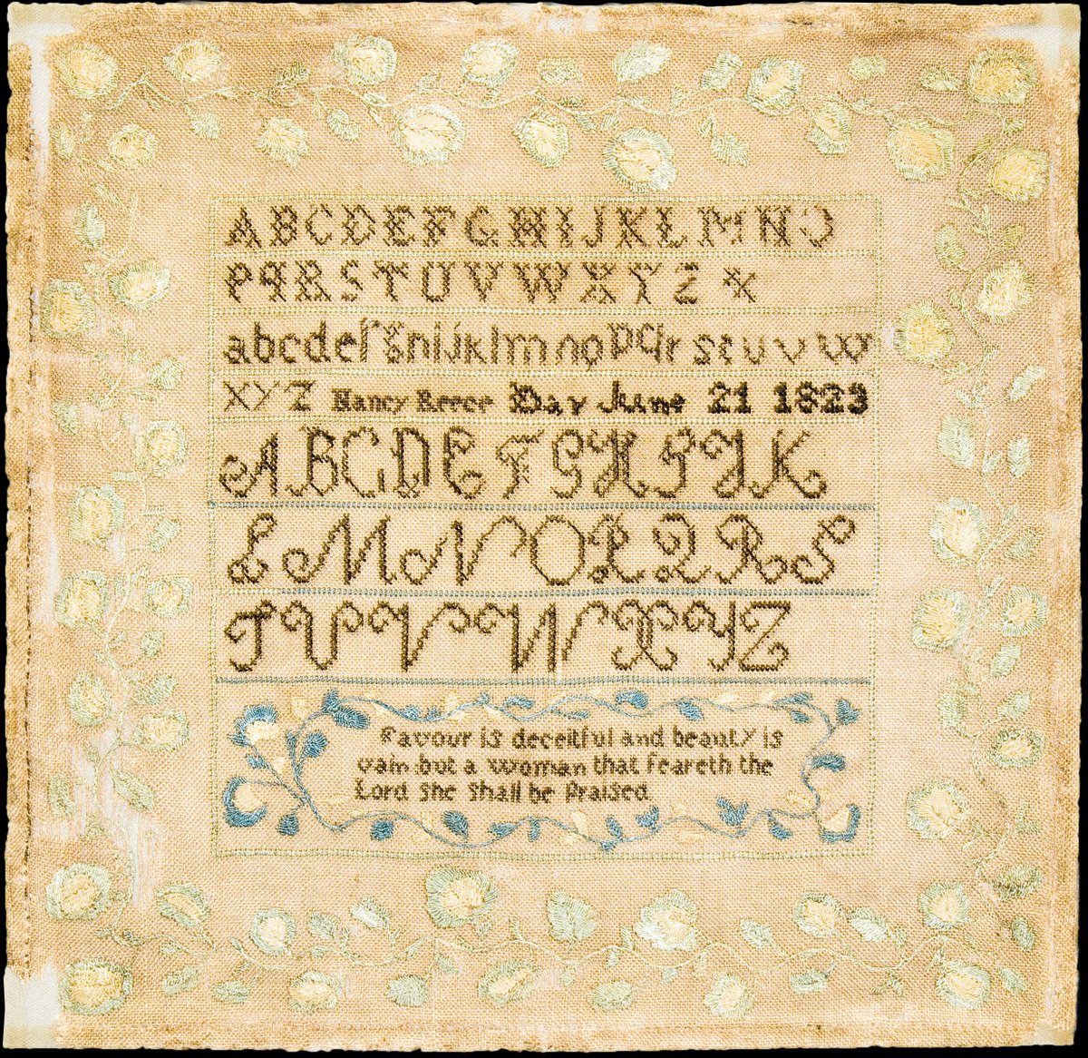 This sampler was created at the Brainerd Mission School in 1823 by Nancy Reece, a young Cherokee girl. The school was established in 1816 along Chickamauga Creek near present-day Chattanooga with education aimed to “civilize” the Cherokees according to missionary standards.