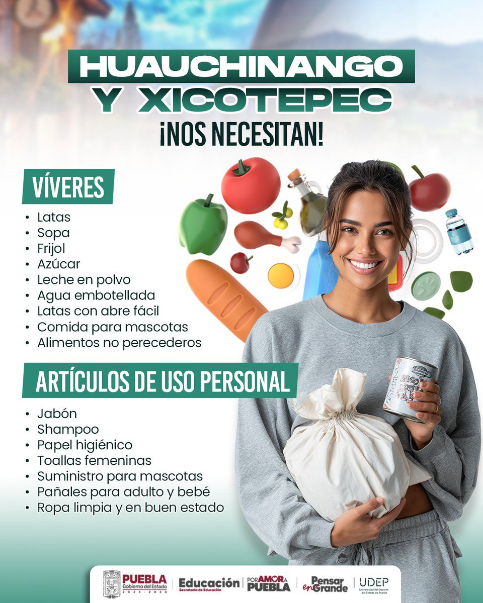 🤝 Las familias afectadas por las lluvias necesitan de todos.
Te invitamos a sumarte a la recolección de víveres y artículos de primera necesidad.

📍 Centro de acopio: Universidad del Deporte del Estado de Puebla (UDEP)
🕓 De lunes a viernes | 9:00 am - 5:00 pm