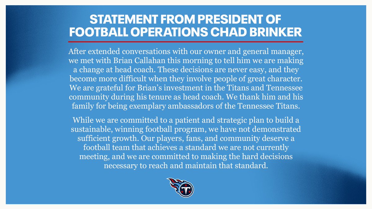 The first head coach fired. #Titans let Brian Callahan go after yesterday’s loss to the #Raiders. 