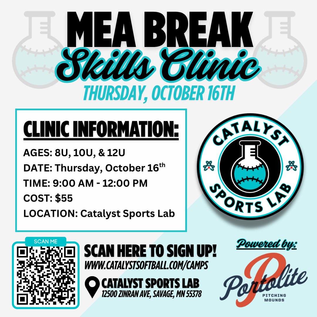CatalystSB_'s tweet image. MEA Break 🥎 Clinic is THIS THURSDAY!

Don’t miss the chance for youth players to train with former collegiate softball athletes &amp;amp; current @CatalystLab_ coaches!

📅10/16 | 9 AM - 12 PM
📍Catalyst Sports Lab (Savage, MN)
💰$55

LAST CALL - Sign up now!
🔗 catalystsoftballmn.playbookapi.com/programs/more_…