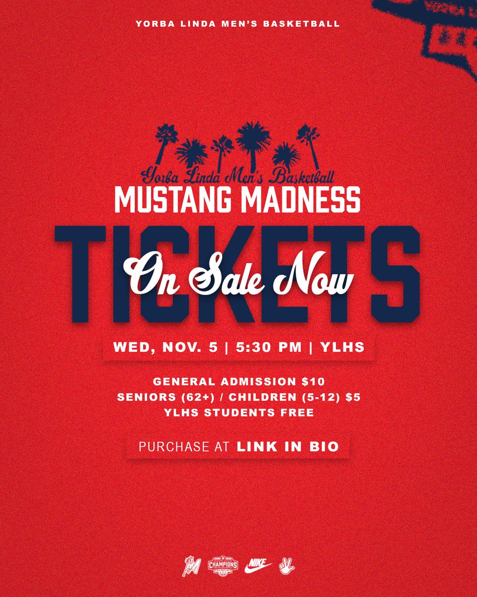 🚨 𝗠𝘂𝘀𝘁𝗮𝗻𝗴 𝗠𝗮𝗱𝗻𝗲𝘀𝘀 Announcement 🚨

Meet the 2025-26 Yorba Linda men's basketball teams on Wed, Nov. 5 at 5:30 PM at our annual Mustang Madness event.

Get your tickets now at the link in bio!

#GoMustangs