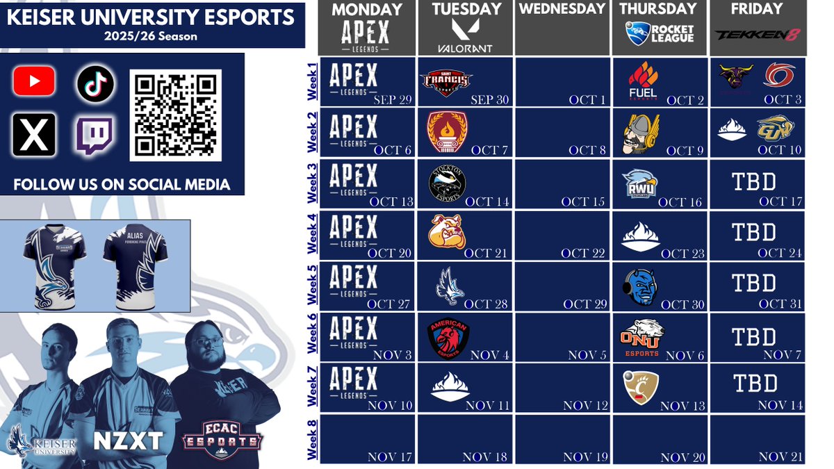 Here's the Fall 2025/26 schedule for KUPP ESPORTS