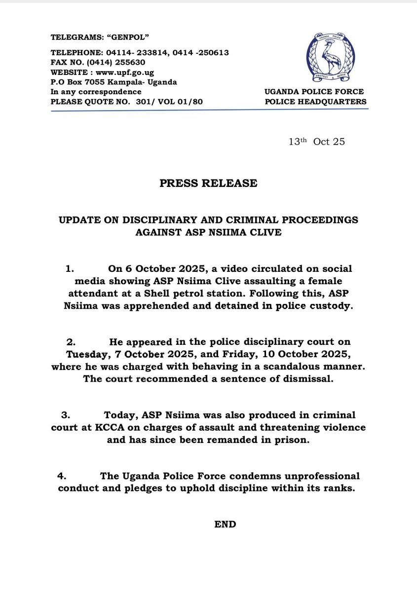 ASP NSIIMA CLIVE appeared in the police disciplinary court on Tuesday, 7 October 2025, and Friday, 10 October 2025, where he was charged with behaving in a scandalous manner. The court recommended a sentence of dismissal.

Today, he was also produced in criminal court at KCCA on