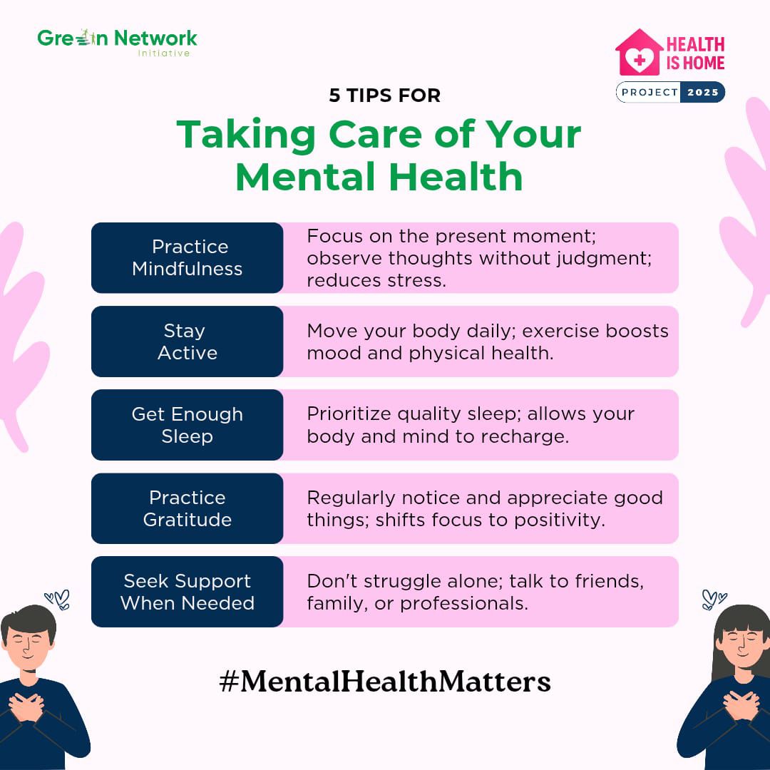 World Mental Health Day (Oct. 10th)
5 simple ways to take care of your mental health.
Remember, taking care of your mind is just as important as taking care of your body.💙
Which of these are you trying this week🤔?
#mentalhealthmatters
#worldmentalhealth
#greennetworkinitiative