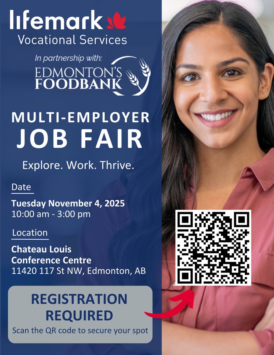 yegfoodbank's tweet photo. Our friends at Lifemark Vocational Services are hosting another JOB FAIR on November 4 at the Chateau Louis Hotel &amp; Conference Centre. REGISTRATION IS REQUIRED. Thank you. #yeg #edmonton #yegfoodbank #feedyeg #yegjobs #yegevents https://t.co/VINwfP74tZ