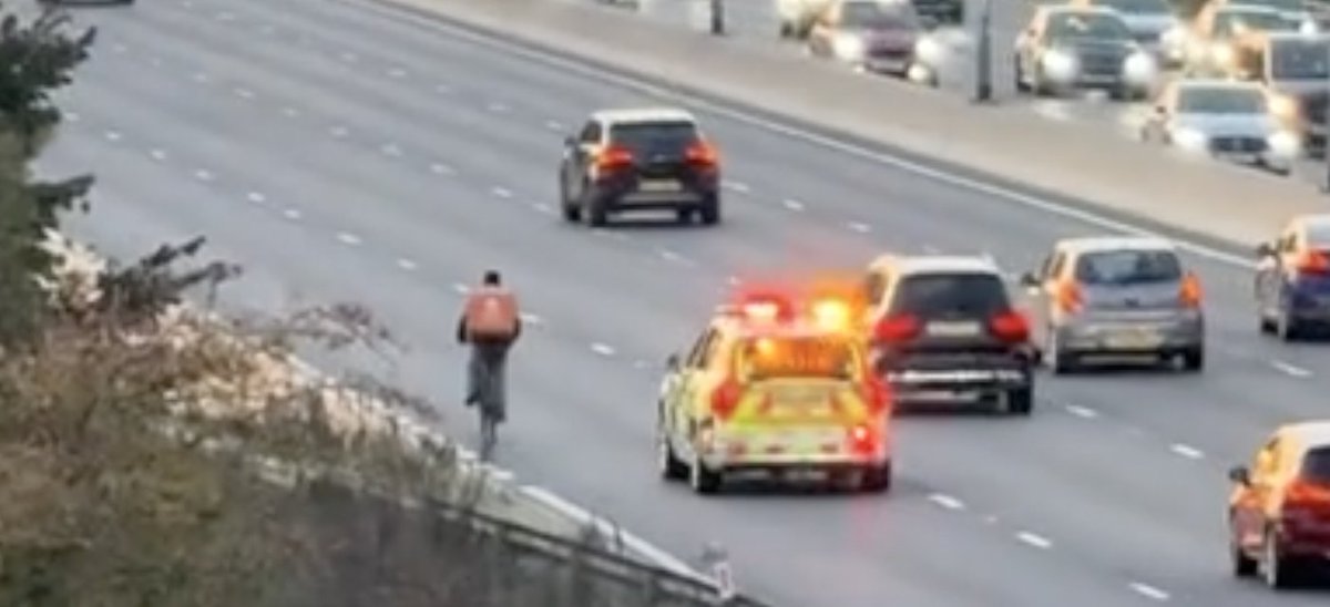🚨 JUST EAT OR JUST MAD? 🚨

A man was filmed cycling down lane one of the M4 motorway, with a Just Eat bag on his back.

Headphones in.
Hood up.
Oblivious to the 70mph traffic flying past him.

This wasn’t a backroad blunder.
This was a live motorway.

National Highways officers