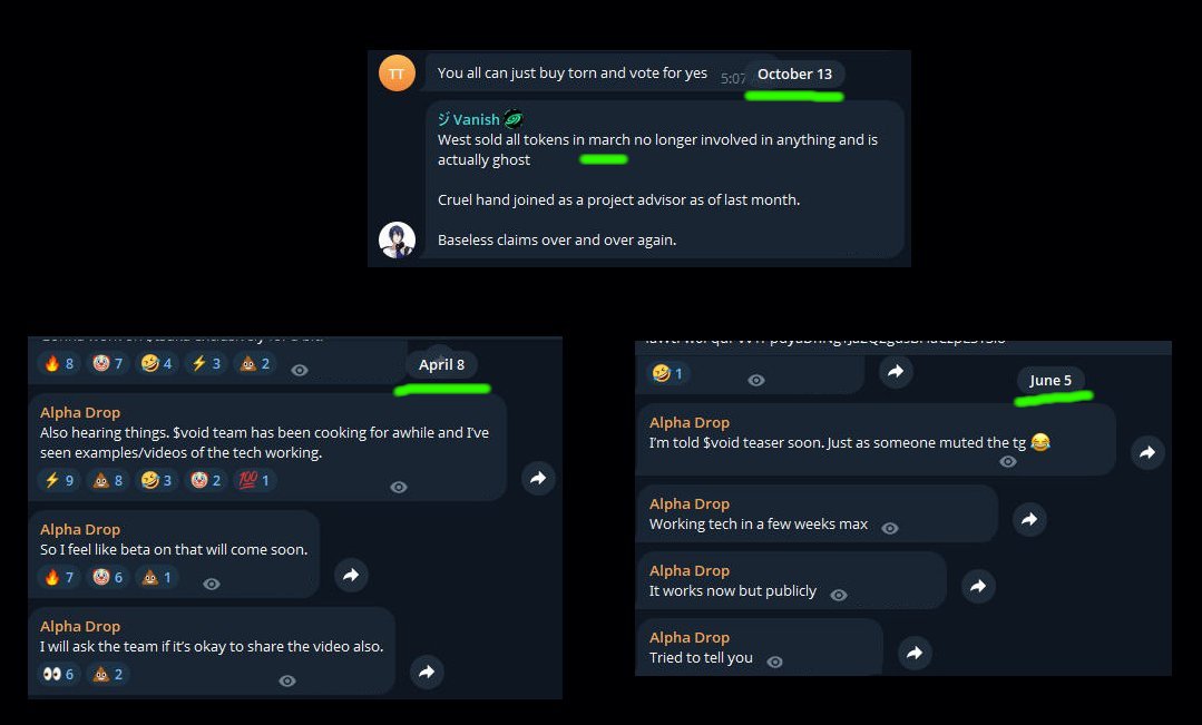 AntInfluence's tweet image. A few hours ago Vanish (Head of $VOID) mentioned that @alwest2000 sold all of his tokens in March and was not involved in the project.

Why did he keep giving updates in his channel in April and June?

He even had access to videos of "working tech" and knew teasers were coming…