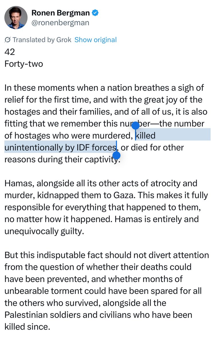 NY Times correspondent Ronen Bergman acknowledges many of the Israeli captives in Gaza were killed by the Israeli military 

Why is he so sure they were killed “unintentionally,” and not according to the Hannibal Directive which killed possibly hundreds of Israelis on Oct 7?