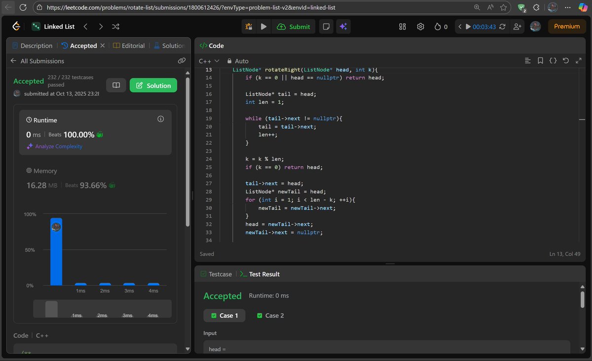 twt_Kunal's tweet image. #DAY_86
Day 86/90
✅Done one question today - Rotate List.
#LeetCode #BuildInPublic #DevJourney #90DaysOfCode