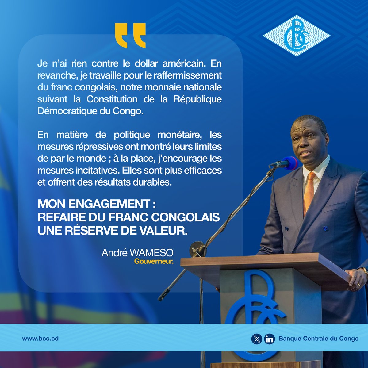 BCC_RDC's tweet image. « Mon engagement : refaire du franc congolais une réserve de valeur. » — André WAMESO, Gouverneur.  

#BCC #BanqueCentraleDuCongo #FrancCongolais #ÉconomieRDC #StabilitéMonétaire