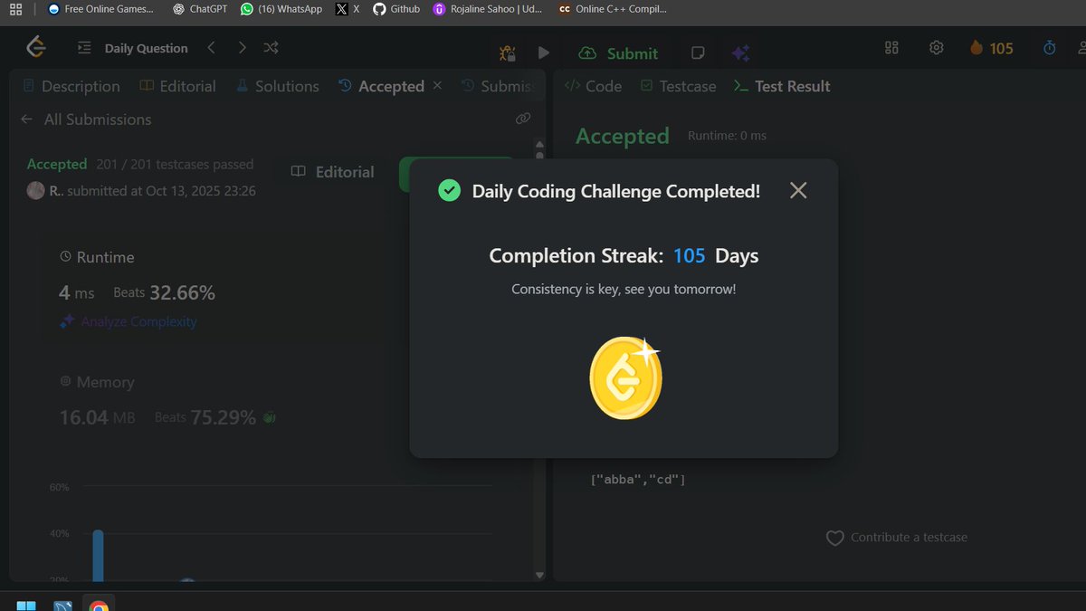 RojalineSa93267's tweet image. Day 22 of #100DaysOfCode  Completed today’s LeetCode problem — making it 105 consecutive days of daily problem-solving!                   
#LeetCode #CodingJourney #Zigbee #100DaysOfCodeChallenge