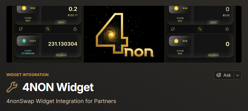 4nonSwap (@4nonswap) on Twitter photo 4NON is not just a platform. Its a DeFi utility which can be integrated in projects, dApps and trading tools through the web widget.
Builders gain instant access to 4NON’s privacy infrastructure without needing to develop it from scratch.
This allows any website or platform to 4NON is not just a platform. Its a DeFi utility which can be integrated in projects, dApps and trading tools through the web widget.
Builders gain instant access to 4NON’s privacy infrastructure without needing to develop it from scratch.
This allows any website or platform to