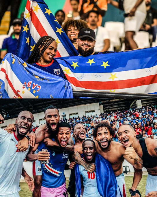 Upper image shows diverse group of fans in stadium stands holding and waving large flags of Cape Verde with blue background and white stars and stripes, some wearing team jerseys, smiling and cheering enthusiastically. Lower image depicts group of male soccer players, mostly shirtless and muscular, celebrating victory with wide smiles, hugs, and raised arms on field, one wearing number 10 jersey, surrounded by stadium crowd in background.
