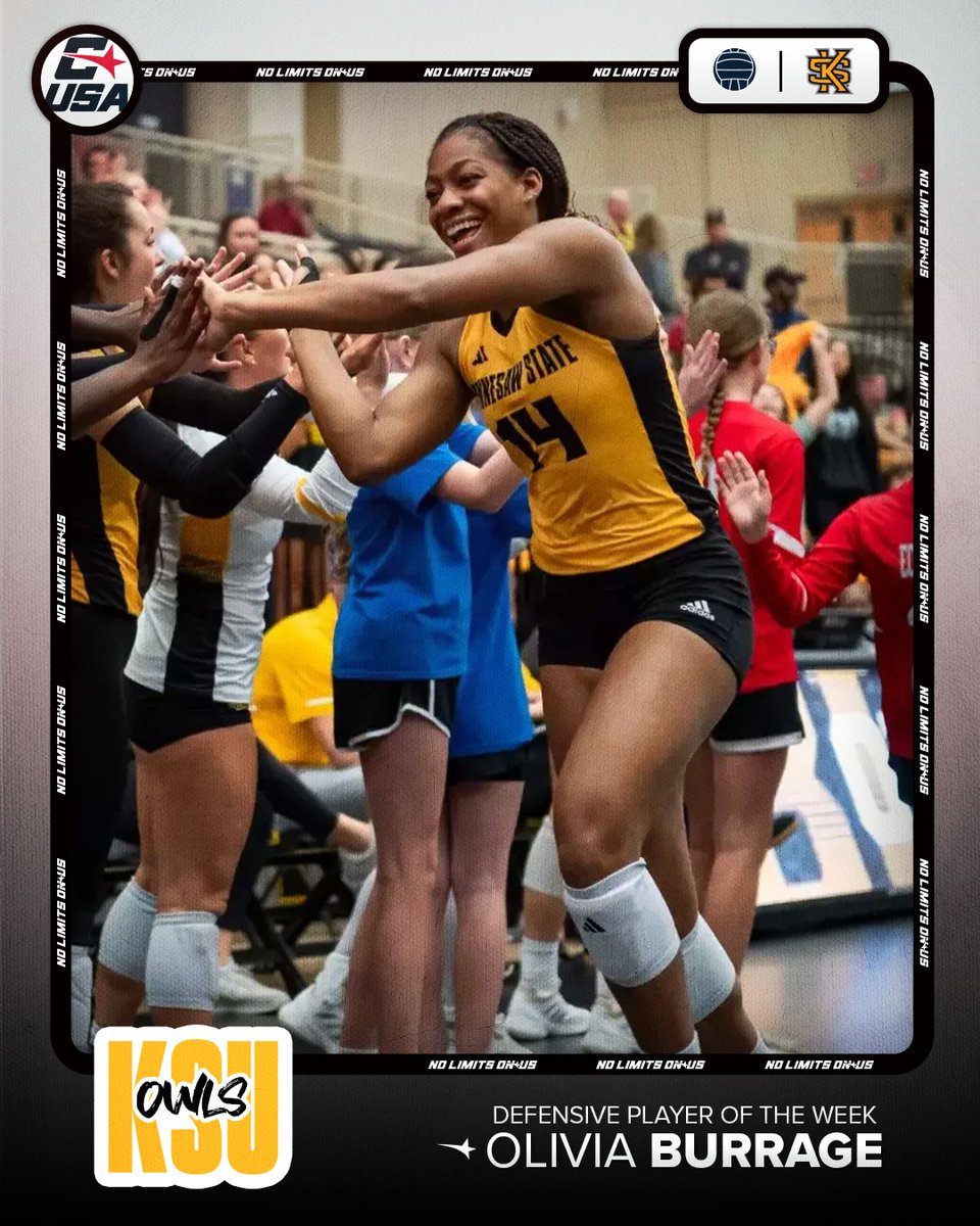 Conference USA (@conferenceusa) on Twitter photo ๐ DEFENSIVE PLAYER OF THE WEEK ๐
๐
1โฃ Olivia Burrage, <a href="/KSUOwlsVB/">Kennesaw State VB</a>
#NoLimitsOnUs | bit.ly/3IW0RBs ๐ DEFENSIVE PLAYER OF THE WEEK ๐
๐
1โฃ Olivia Burrage, <a href="/KSUOwlsVB/">Kennesaw State VB</a>
#NoLimitsOnUs | bit.ly/3IW0RBs