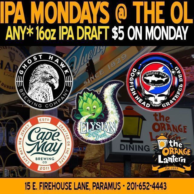 Join us at The Orange Lantern in Paramus on Mondays for $5 draft IPA pints!!! 🍺 Don't miss out on our seasonal specials! #Paramus #CraftBeer #ipa