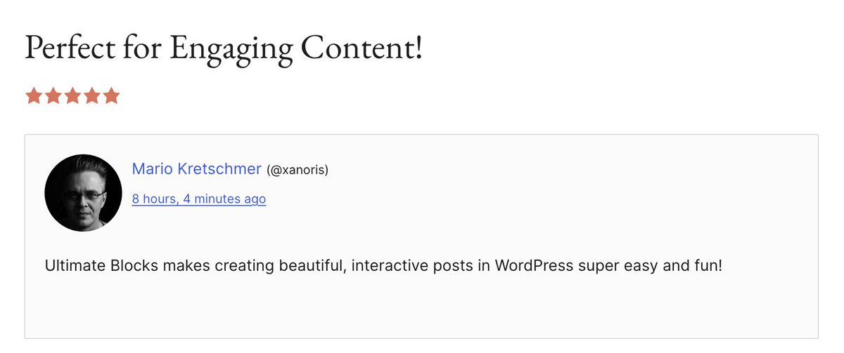 This review says it all. With AI making writing easy, what really stands out is how your content looks.

That’s exactly why we built Ultimate Blocks — to make your posts beautiful, interactive, and engaging. 💪

#WordPress #Gutenberg #UltimateBlocks