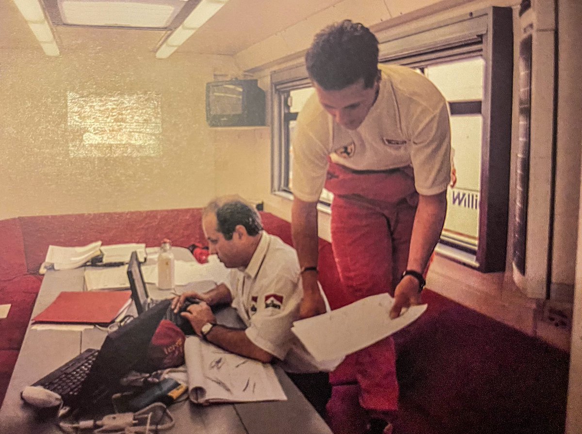 robertofunoat's tweet photo. Dall’annuario Ferrari 1996. Nel retrobox si costruiva il “Dream team”.  Nelle foto oltre a Irvine e Schumacher anche l’Ing. Ignazio Lunetta #F1 #Ferrari #Schumacher #Irvine #Lunetta https://t.co/PEbV9G27ey