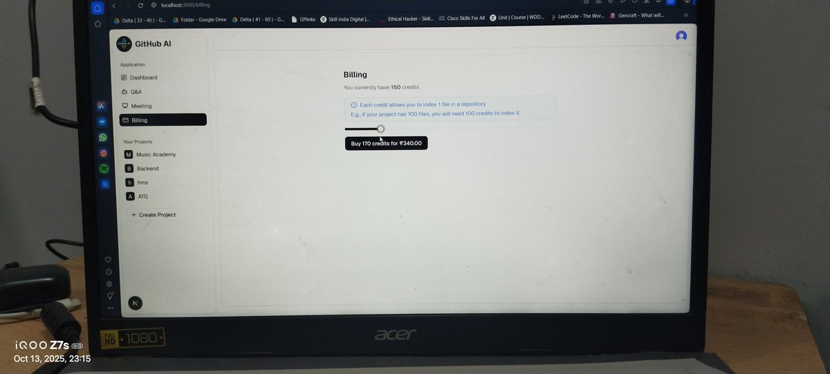 Shubhamkah100's tweet image. Day 27/100 🚀 My #GitHubAI project is almost done! 🎉 Just #Razorpay payment left. Features: GitHub repo integration, AI Q&A, saved answers, team invites & meeting management. Stay tuned! 🚀 #AI #GitHub #ProjectManagement