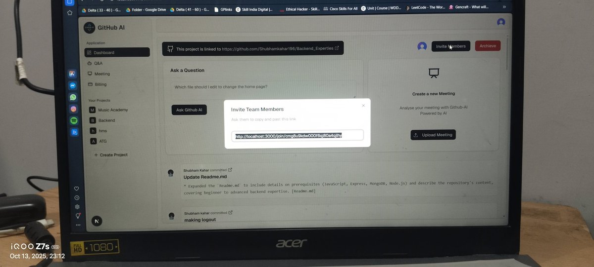 Shubhamkah100's tweet image. Day 27/100 🚀 My #GitHubAI project is almost done! 🎉 Just #Razorpay payment left. Features: GitHub repo integration, AI Q&A, saved answers, team invites & meeting management. Stay tuned! 🚀 #AI #GitHub #ProjectManagement