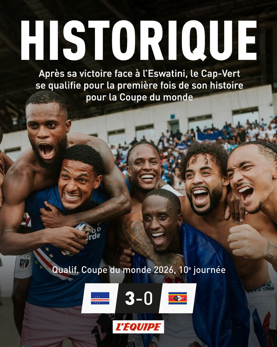 lequipe's tweet image. Le Cap-Vert s'impose face à l'Eswatini et se qualifie pour la première fois de son histoire pour la Coupe du monde
➡️ l.lequipe.fr/oSY
