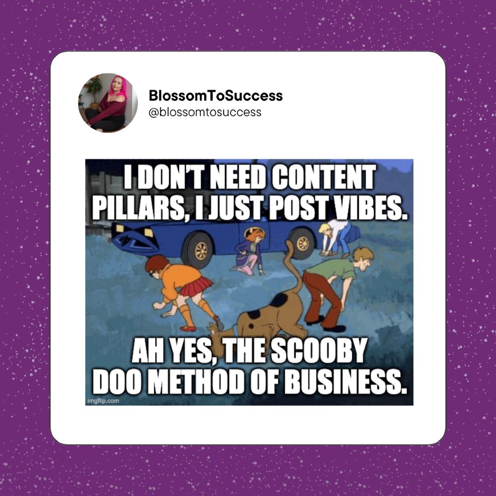 BlossomToSucces's tweet image. ‘I don’t need content pillars, I just post vibes.’
Ah yes, the Scooby-Doo school of business strategy. 🕵️‍♀️👻

You can solve mysteries that way… but not build a brand.

#ContentStrategy #SocialMediaHumor #DisruptTheFeed