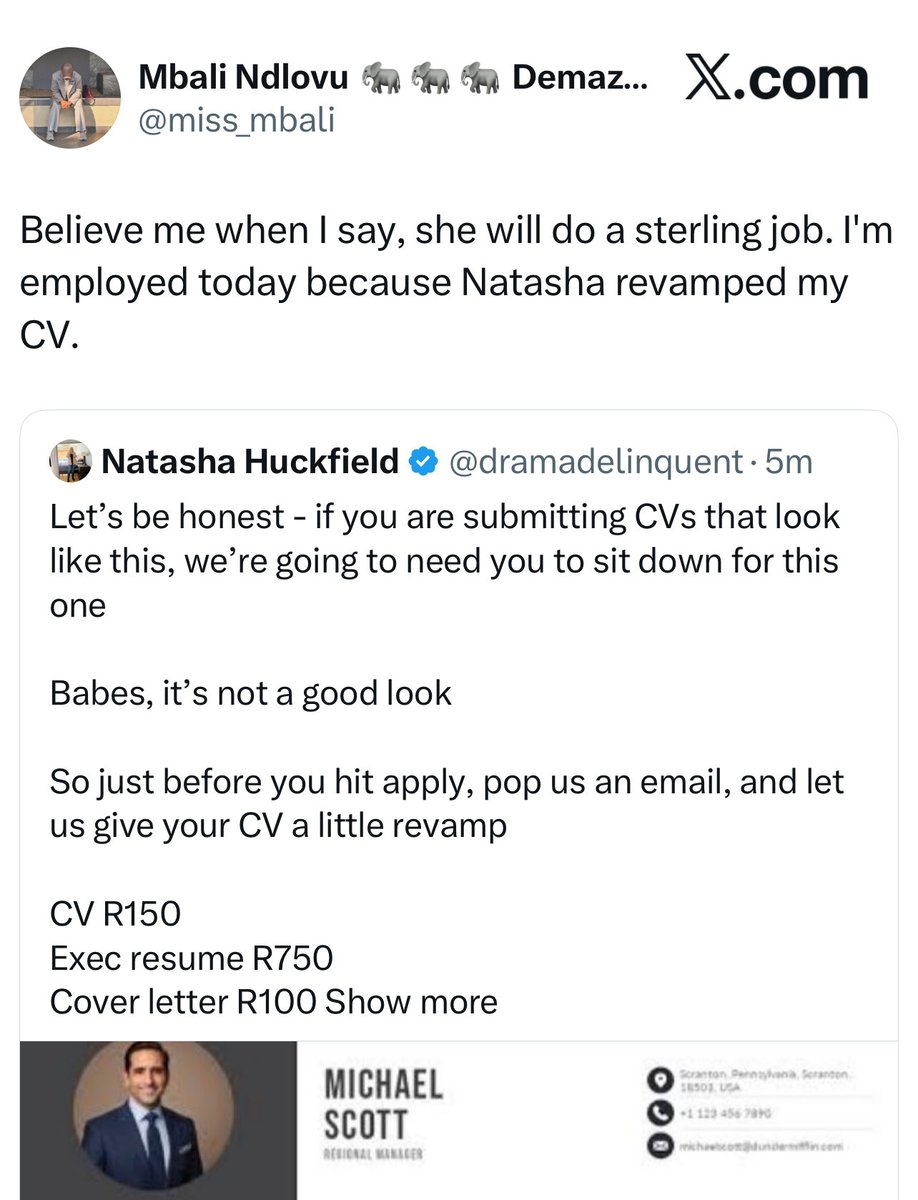 Natasha Huckfield (@dramadelinquent) on Twitter photo Nearing the end of the year, it’s the perfect time to get that cv dusted off and ready for January 
CV R150
Cover letter R100
Interview prep R350
Executive resume R750
CV + Standard LinkedIn: R600
CV + Advanced LinkedIn R750
Email natasha@eloquentrecruitment.co.za Nearing the end of the year, it’s the perfect time to get that cv dusted off and ready for January 
CV R150
Cover letter R100
Interview prep R350
Executive resume R750
CV + Standard LinkedIn: R600
CV + Advanced LinkedIn R750
Email natasha@eloquentrecruitment.co.za