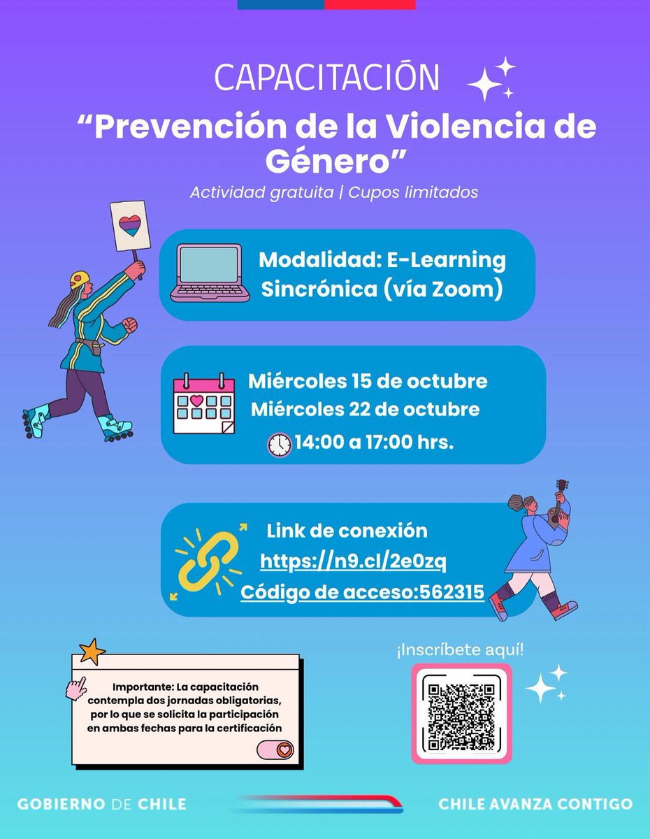 💜 ¡Capacitación para prevenir la violencia de género!

Te invitamos a participar en estas instancias formativas y ser parte del cambio.

📲 Inscríbete escaneando el código QR y asiste a las clases ingresando al siguiente enlace: n9.cl/2e0zq