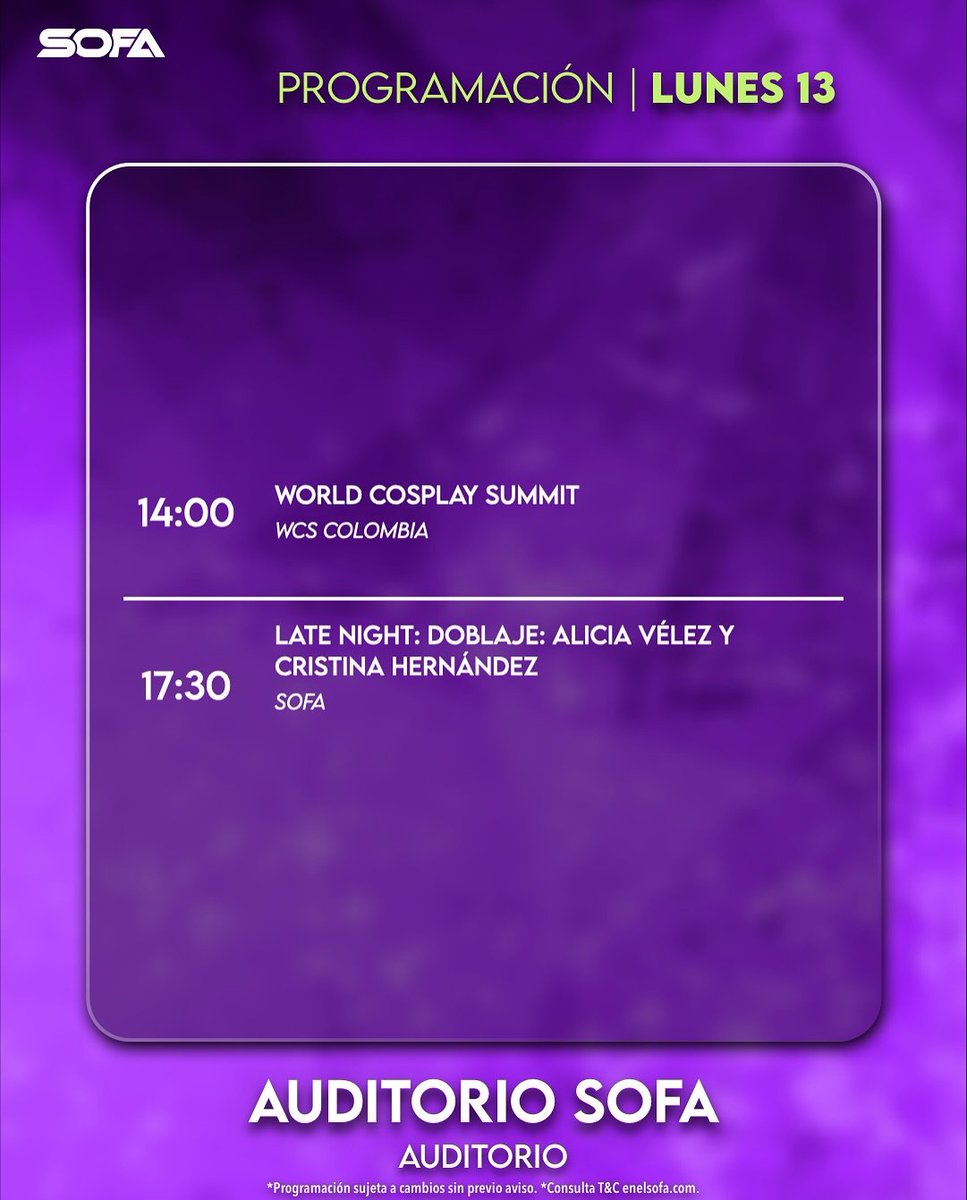 ¡EL ÚLTIMO SHOW ES HOY! 😭 AUDITORIO SOFA: 
🎭 World Cosplay Summit (WCS) a las 2:00 PM 
🎙️ CIERRE con Late Night Doblaje: Alicia Vélez y Cristina Hernández a las 5:30 PM 
¡Últimas horas de magia y voz! ✨ #SOFA2025 #UltimoDiaSOFA #Doblaje