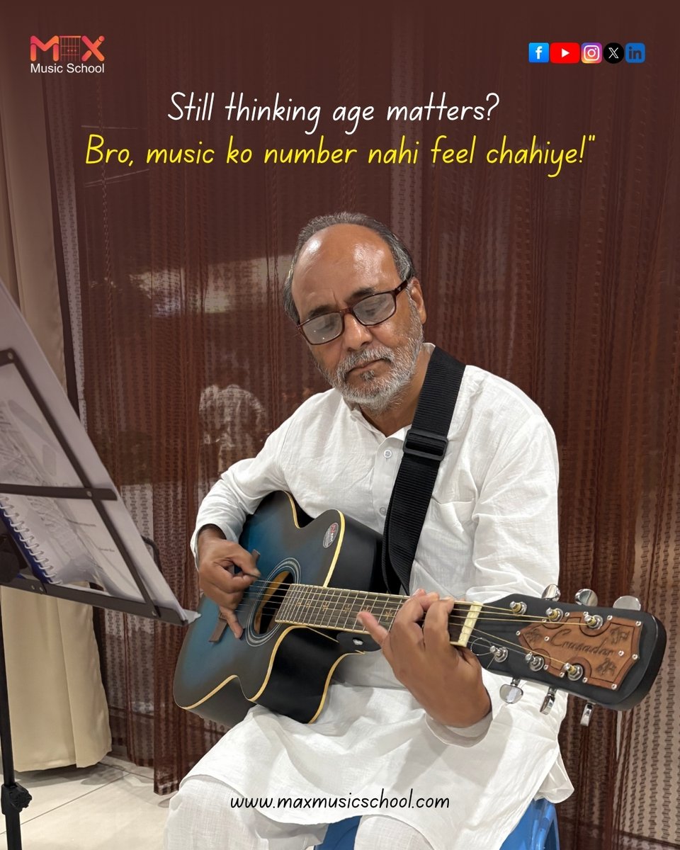 maxmusicschool's tweet image. &quot;Still thinking age matters? Music has no age limit — just passion! 🎶 | Max Music School&quot;

#MaxMusicSchool #GuitarLearning #MusicHasNoAge #LearnGuitar #GuitarLovers #NeverTooLate #MusicMotivation #GuitaristLife #GuitarClasses #MusicSchoolIndia #LearnMusicOnline #MusicJourney