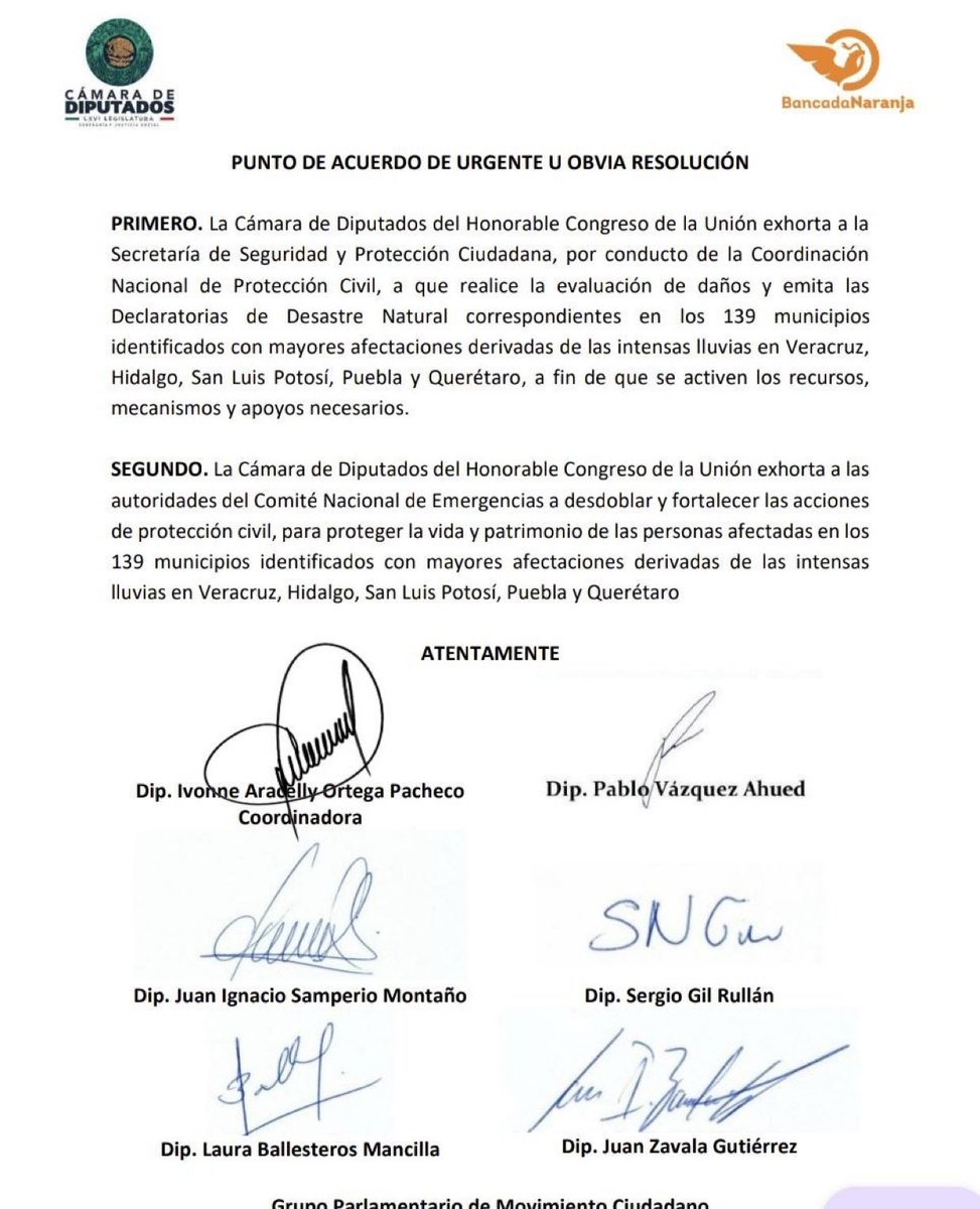 La <a href="/BancadaNaranjaD/">Bancada Naranja 🔸D</a> presentó un acuerdo de urgente resolución para solicitar la emisión de una declaratoria de desastre natural en los estados de Veracruz, Hidalgo, San Luis Potosí, Puebla y Querétaro.

Menciona  <a href="/Pablo_VAh/">Pablo Vázquez Ahued</a> que es un requisito indispensable para que los