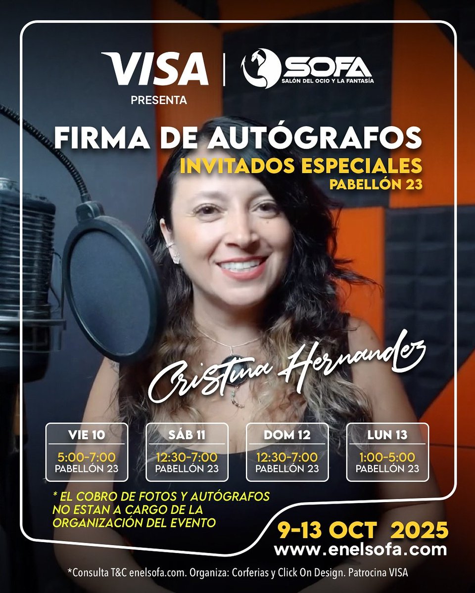¡ÚLTIMO DÍA! 😭 
Firma de Cristina Hernández (Pab. 23): 
⏰ LUNES 13: 1:00 PM - 5:00 PM
¡Es la hora final para conocer a la voz de tu infancia! 🎤 (Cobro de fotos/autógrafos NO es de la organización)
#SOFA2025 #UltimoDiaSOFA #VozLatina