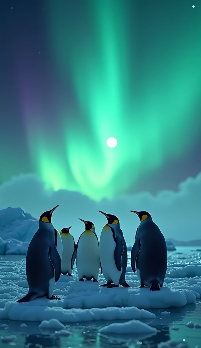 Leonard18_X's tweet image. &quot;Penguins basking under the aurora lights! 🐧🌌 #AuroraMagic #WildlifeArt #WallpaperGoals&quot;  load 4k