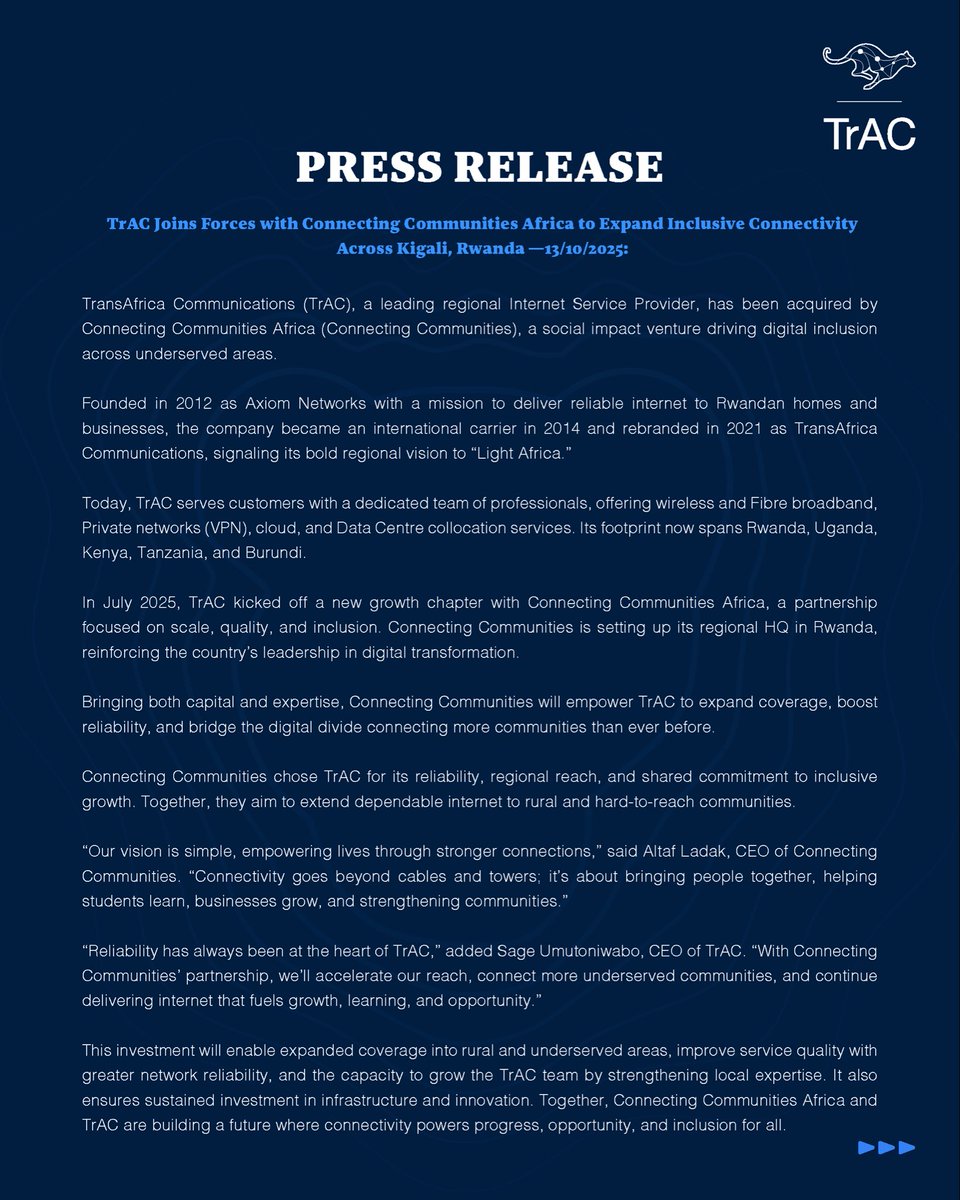 TrAC_Rw's tweet photo. We are exited to announce that TrAC has joined forces with Connecting Communities Africa to scale our impact, bringing reliable internet and digital opportunities to more communities across Rwanda and beyond.
#TrAC #getontrac #stayontrac #connectingcommunities https://t.co/BJXe6R5KrA