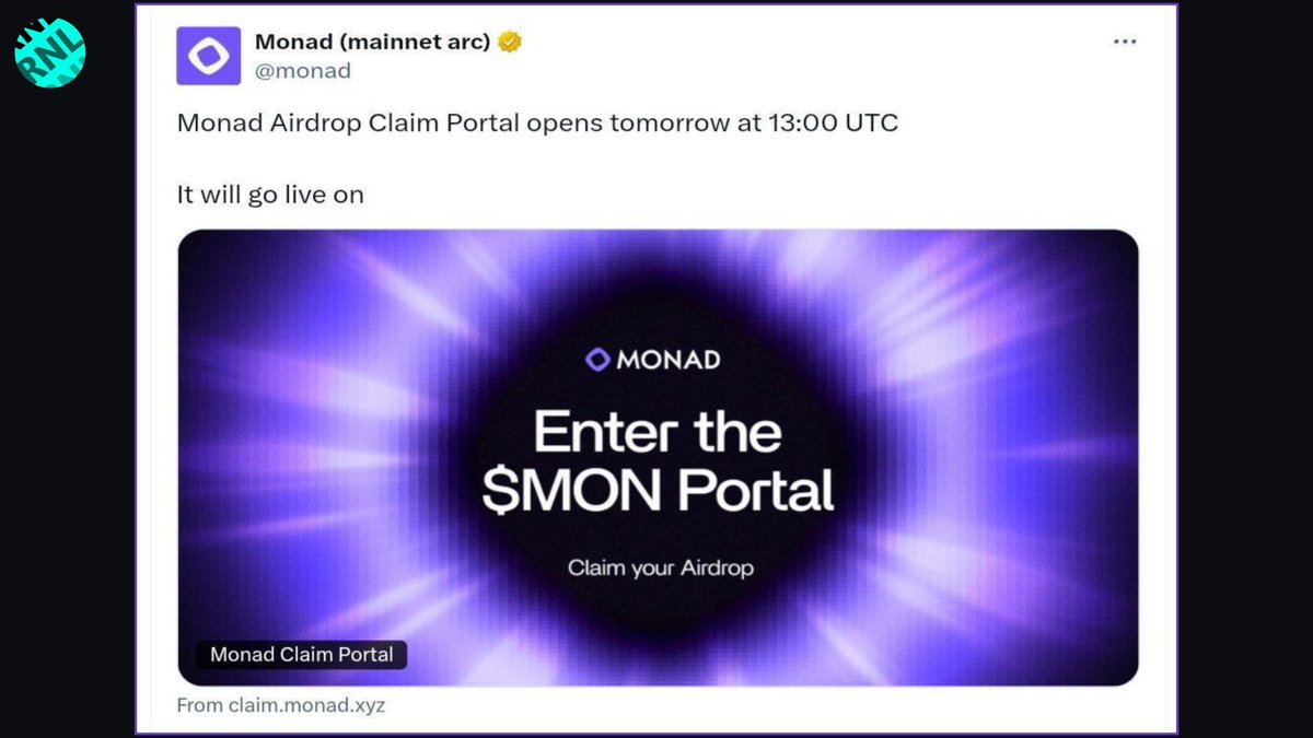 MdSayem83983540's tweet image. Monad Airdrop Claim Portal opens tomorrow

Claim Live- 13:00 UTC (BD Time 7:00 PM)

• Claim Link-claim.monad.xyz
Hope 1M Nads SBT Holder are Eligible

#Monad @monad #monad #communityfast