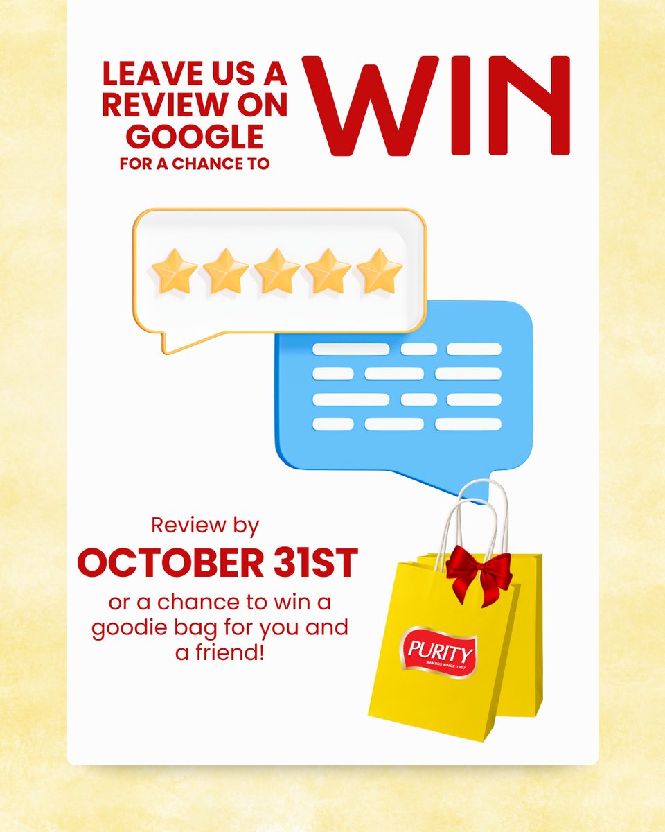 PurityBakeryJam's tweet image. 🎊Review and win!

Leave us a review on Google by October 31st for your chance to win a Purity goodie bag for you and a friend.

#PurityBakery #PureWholesomeGoodness