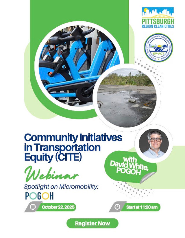 PghCleanCities's tweet image. Join PRCC and EP-ACT for our next CITE Webinar featuring David White, Executive Director of @pogohbikes, as we discuss micromobility and community-centered mobility hubs.
 
📅 October 22 | 11-12 est.
Register here: us06web.zoom.us/meeting/regist…
 
#PRCC #CITE #POGOH #Micromobility